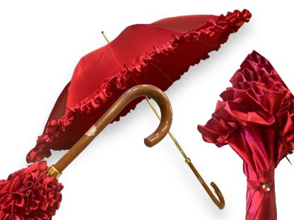 Vintage Red Satin Wooden Handle Umbrella - Image 7