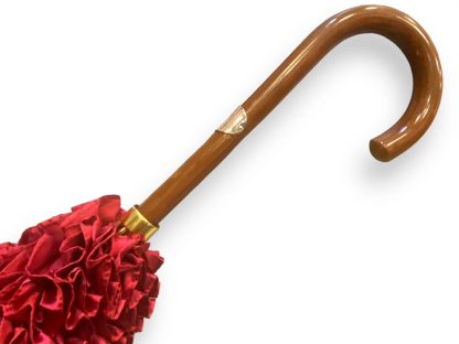 Vintage Red Satin Wooden Handle Umbrella - Image 6