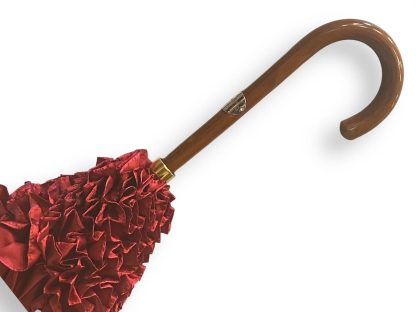 Vintage Red Satin Wooden Handle Umbrella - Image 5