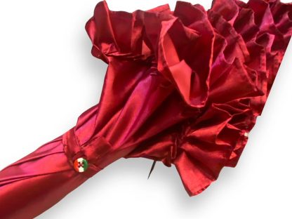 Vintage Red Satin Wooden Handle Umbrella - Image 4