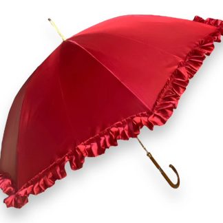 Vintage Red Satin Wooden Handle Umbrella