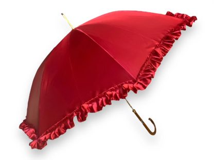 Vintage Red Satin Wooden Handle Umbrella