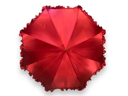 Vintage Red Satin Wooden Handle Umbrella - Image 2