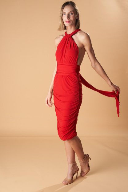 Halter neck off shoulder red dress - Image 5