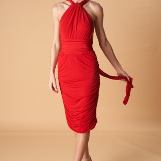 Halter neck off shoulder red dress