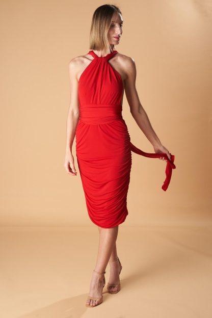 Halter neck off shoulder red dress
