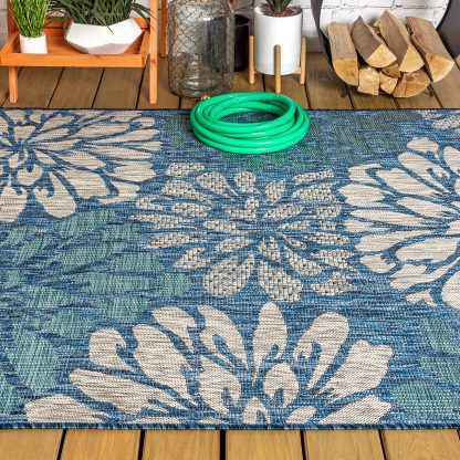 Blues Floral Outdoor Woven Art Rug - Image 11