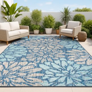 Blues Floral Outdoor Woven Art Rug