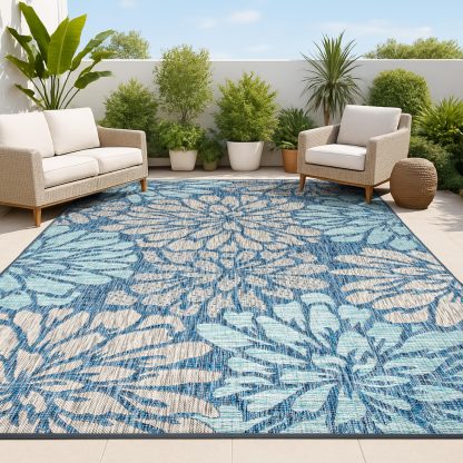Blues Floral Outdoor Woven Art Rug