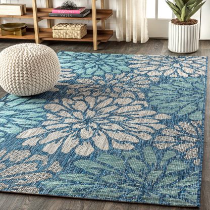 Blues Floral Outdoor Woven Art Rug - Image 8