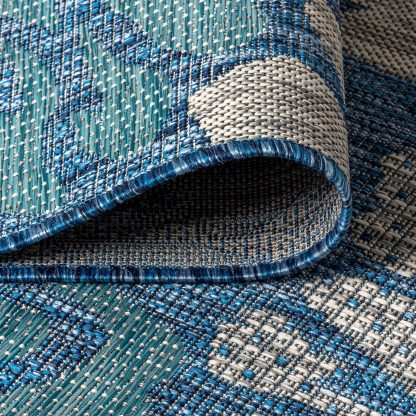 Blues Floral Outdoor Woven Art Rug - Image 6