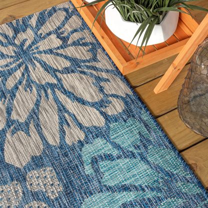 Blues Floral Outdoor Woven Art Rug - Image 4