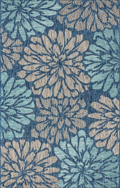 Blues Floral Outdoor Woven Art Rug - Image 3