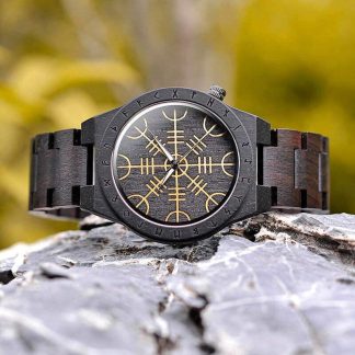 Rune pattern dial dark wood watch