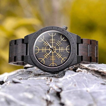 Rune pattern dial dark wood watch