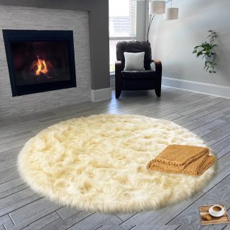 Beige round faux sheepskin rug