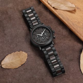 Three-eye chronograph black wooden watch