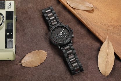 Three-eye chronograph black wooden watch