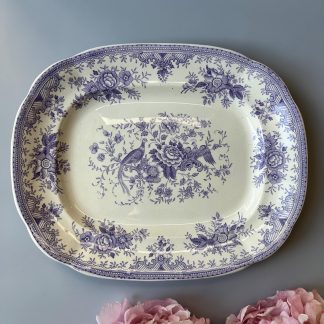 Vintage blue square porcelain plate with bird and flower pattern