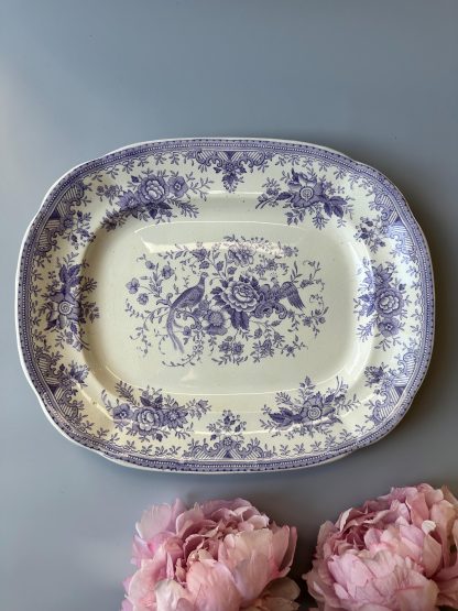 Vintage blue square porcelain plate with bird and flower pattern