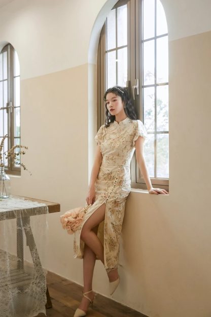Apricot Printed Short Sleeve Cheongsam