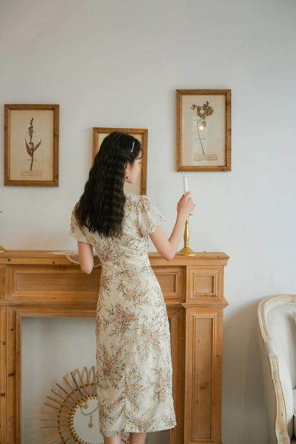 Apricot Printed Short Sleeve Cheongsam - Image 3