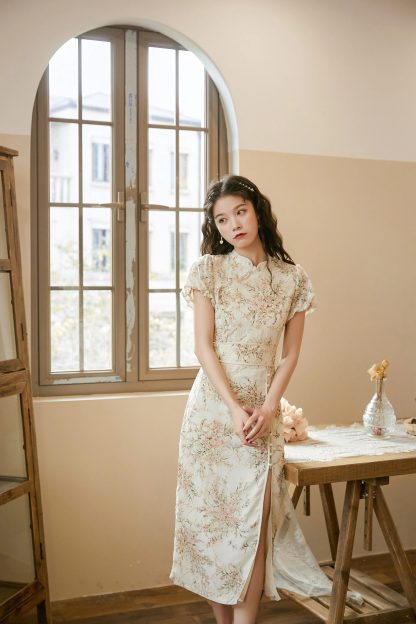 Apricot Printed Short Sleeve Cheongsam - Image 2