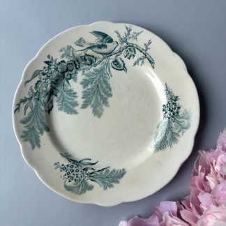 Vintage green porcelain plate with flower and bird pattern