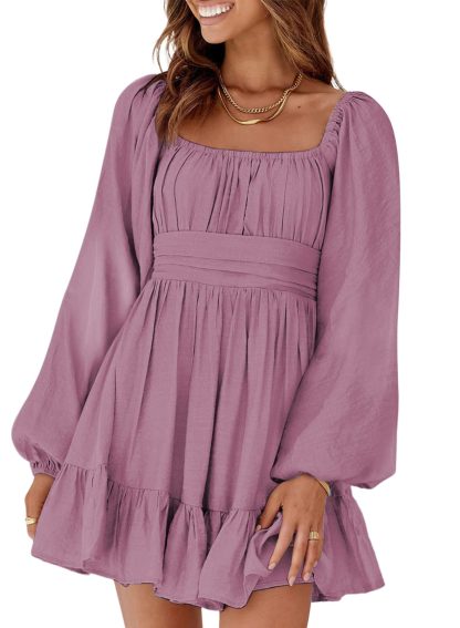 Square neck waist lantern sleeve dress - Image 4