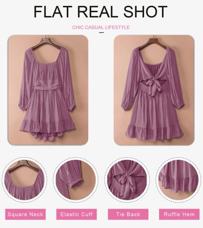Square neck waist lantern sleeve dress - Image 3