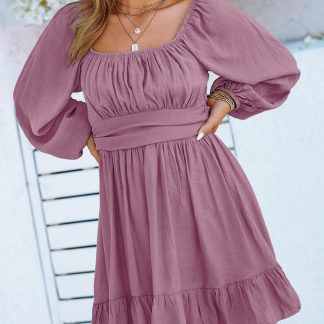 Square neck waist lantern sleeve dress