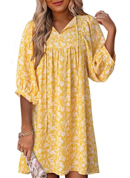 Floral V Neck Lantern Sleeve Dress - Image 5