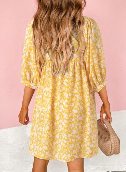 Floral V Neck Lantern Sleeve Dress - Image 4