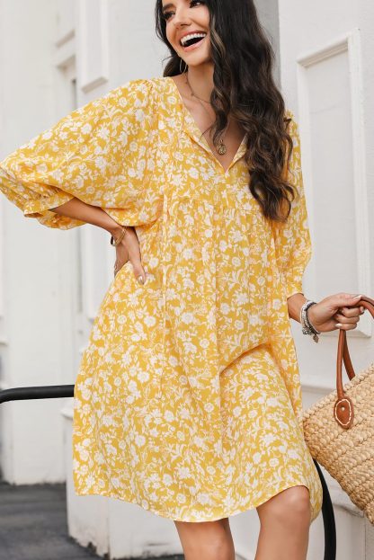 Floral V Neck Lantern Sleeve Dress - Image 3