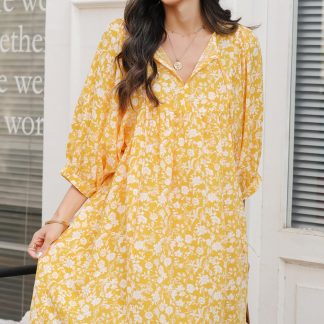 Floral V Neck Lantern Sleeve Dress