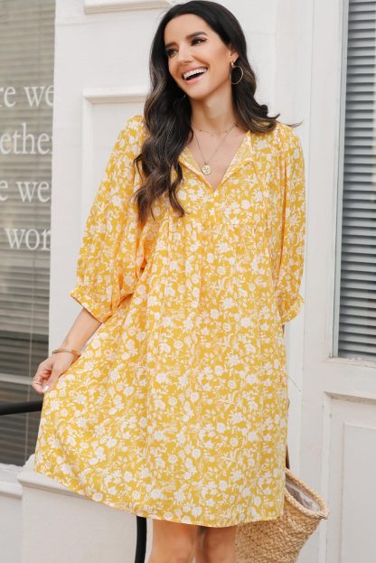 Floral V Neck Lantern Sleeve Dress