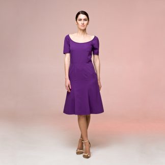 Purple Square Neck Elbow Sleeve Dress