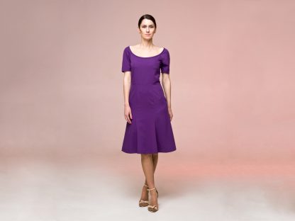 Purple Square Neck Elbow Sleeve Dress