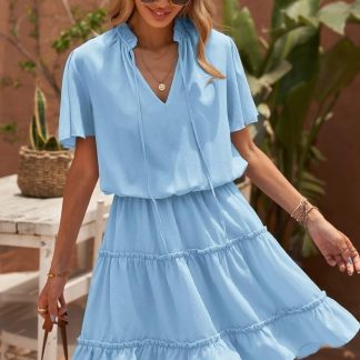 V Neck Tie Ruffle Dress