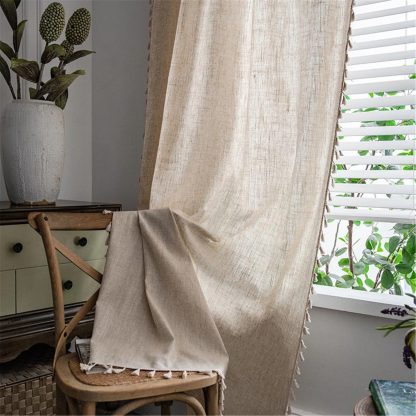 Natural style linen solid color tassel curtains - Image 6