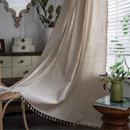 Natural style linen solid color tassel curtains - Image 3