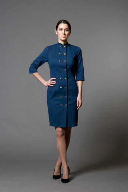Navy blue dress with gold buttons
