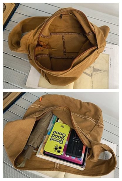Khaki Canvas Casual Shoulder Bag - Image 3