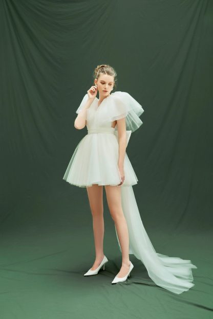 White V-neck Short Dress