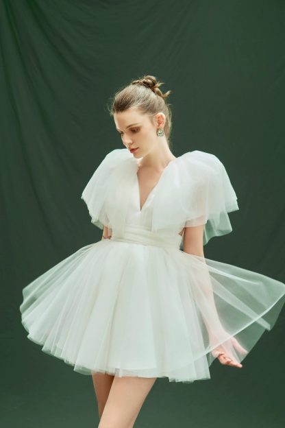 White V-neck Short Dress - Image 2