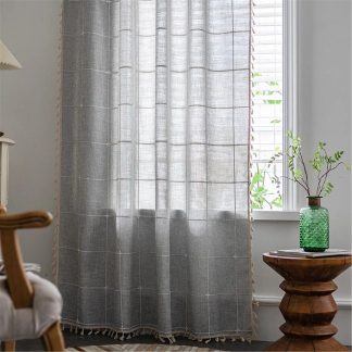 Light grey check tassel curtains