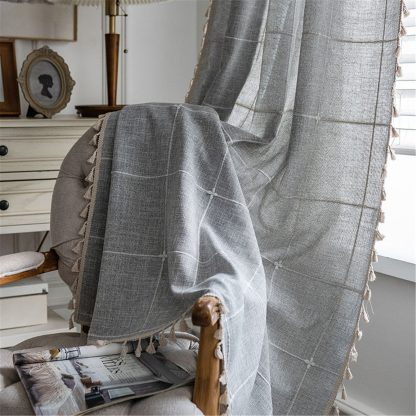 Light grey check tassel curtains - Image 4