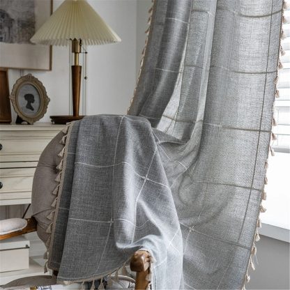 Light grey check tassel curtains - Image 2