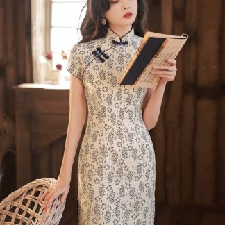 Light bottom printed short sleeve cheongsam