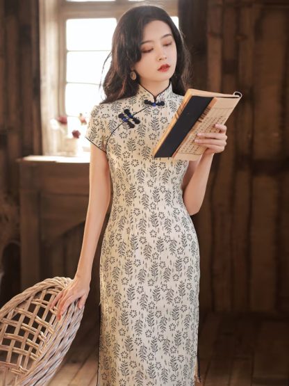 Light bottom printed short sleeve cheongsam